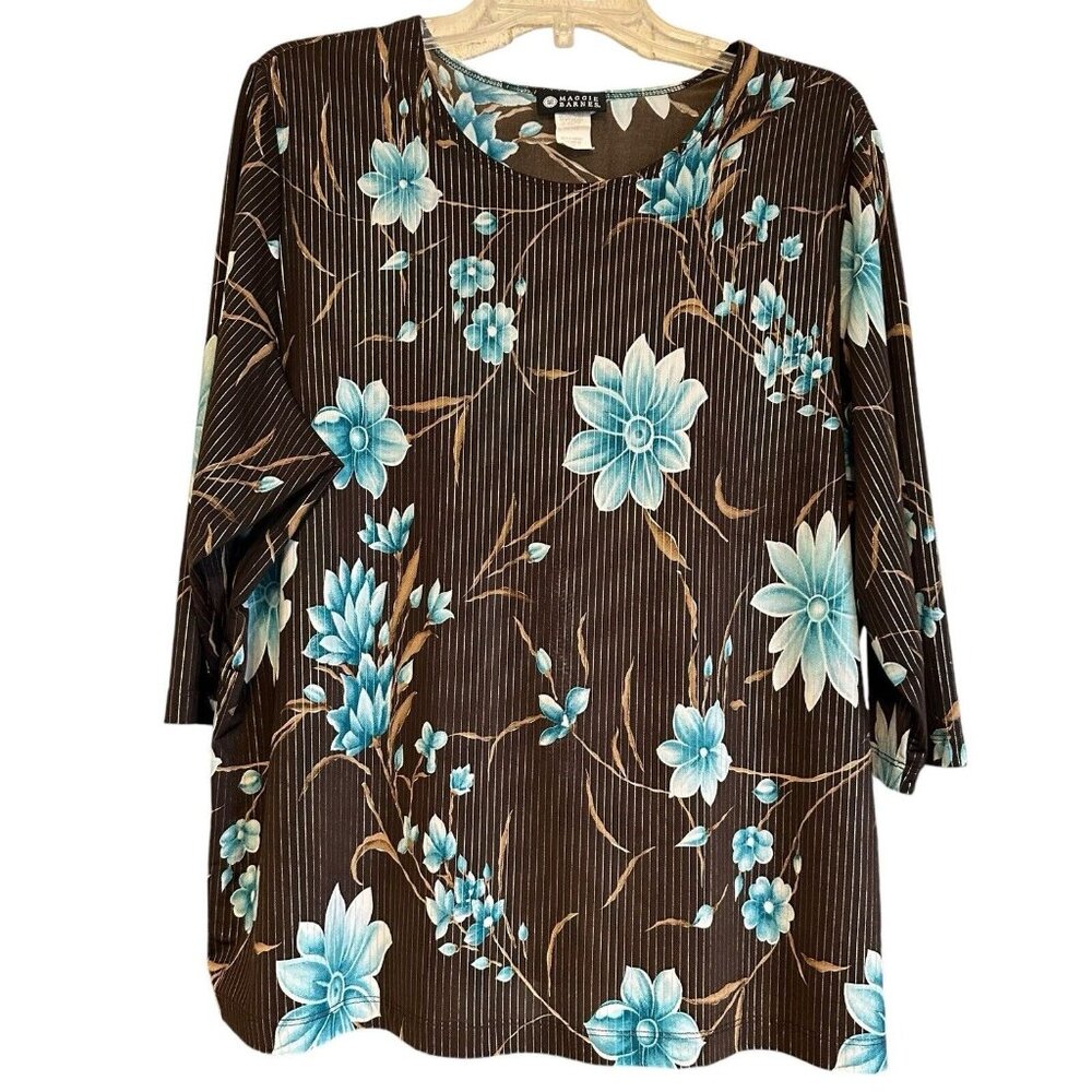 Maggie Barnes Dark Floral 3/4 Sleeve Top 1X Brown Blue Gold Pullover